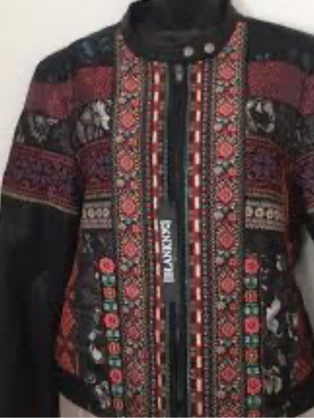 Blank NYC vegan leather Embroidered Black Jacket with Red Pattern